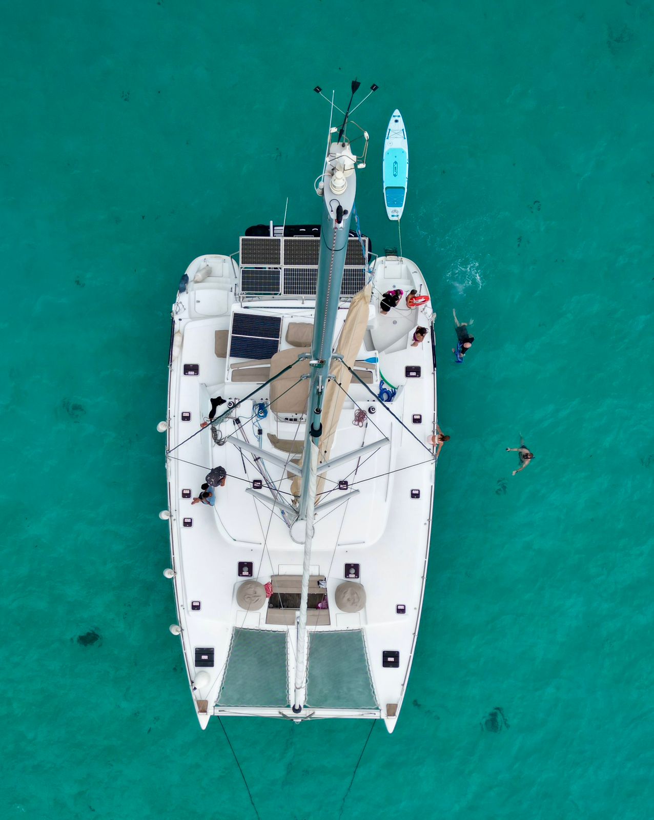 Vue aérienne de TUATAU V avec des passagers nageant près du catamaran